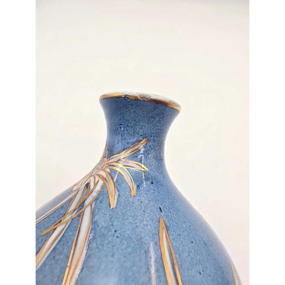 Tri Ever Hand Painted Porcelain Bud Vase Blue Floral Gold Gilt Small 5 Inch N3